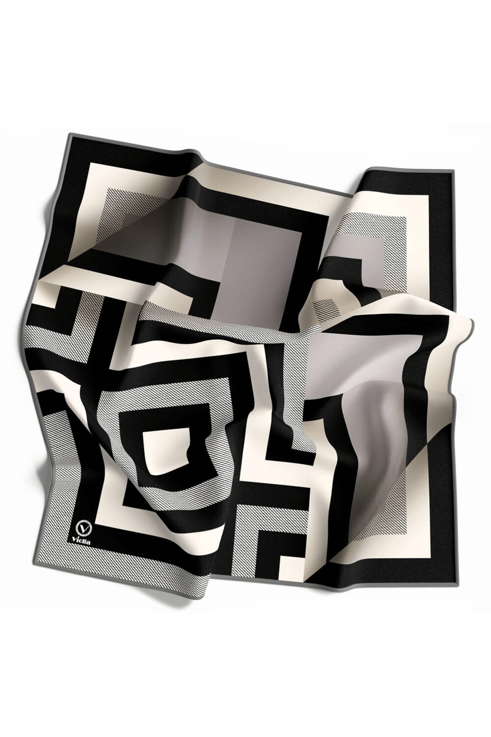 Twill Geometrik Desenli Gümüş Renkli 90x90 Eşarp (İpek İçermez) Dikim Şekli : El Dikişi