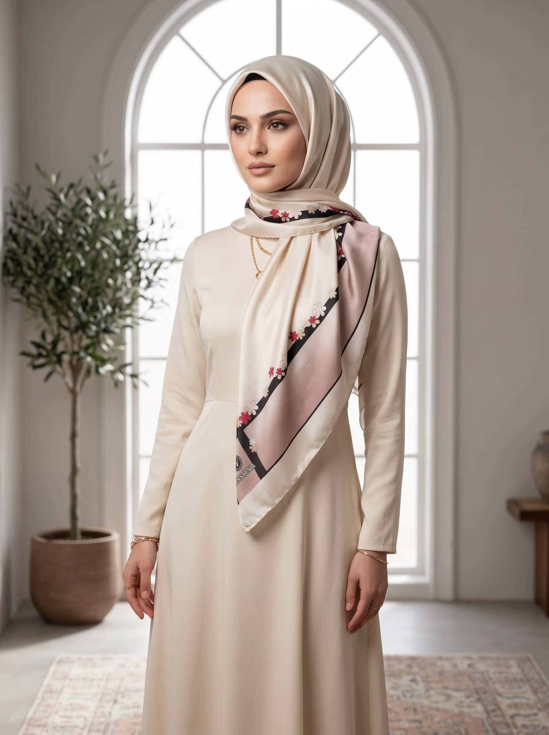 %100 Saf İpek Şal İnce Saten Vual Dokuma Çiçek Desenli Krem Renkli 90x210 Şal