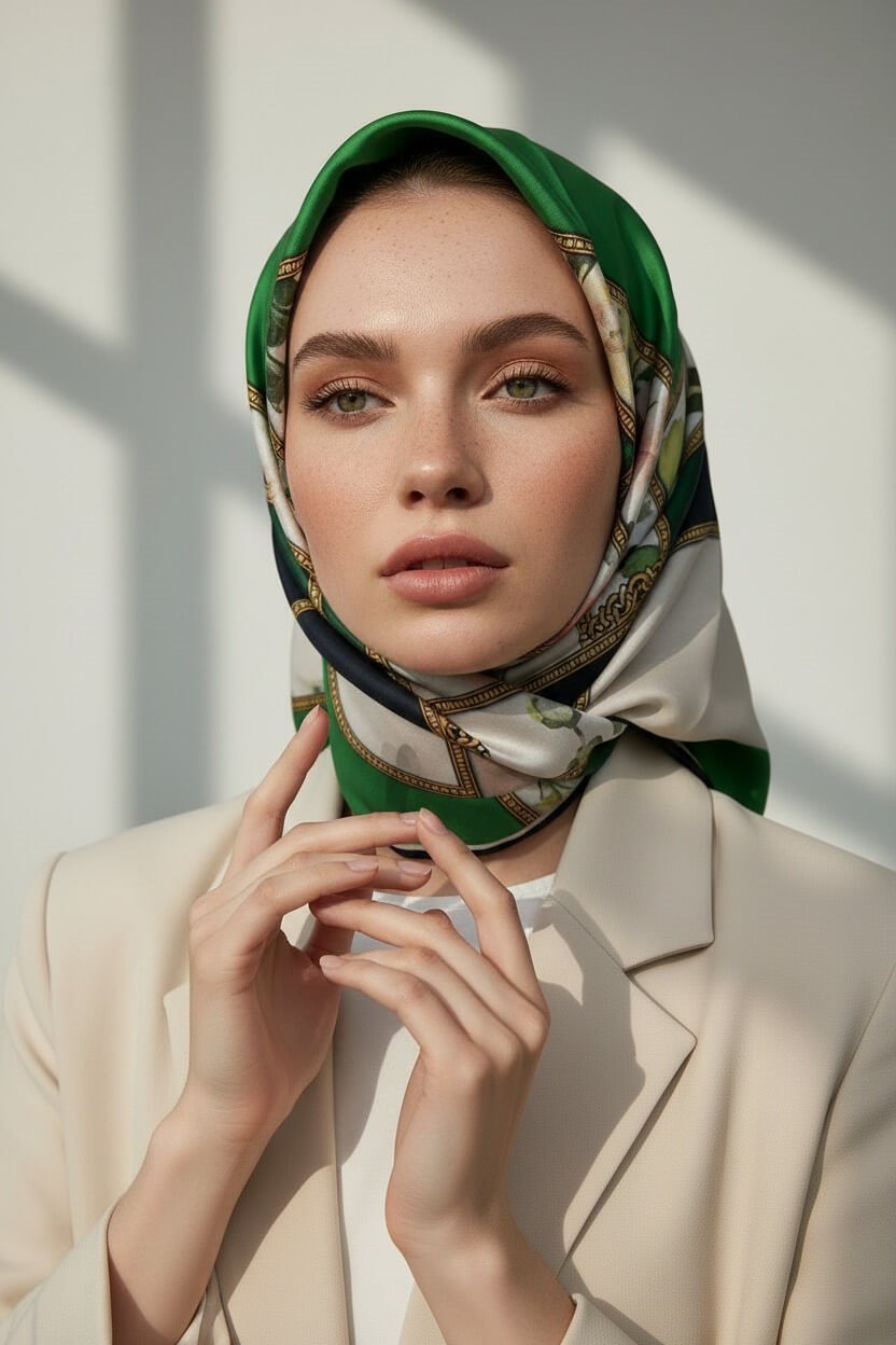 100% Twill İpek Şeritli Çiçek Desenli Zümrüt Yeşili - Krem Renkli 90x90 Dikim Şekli : El Dikişi Eşarp