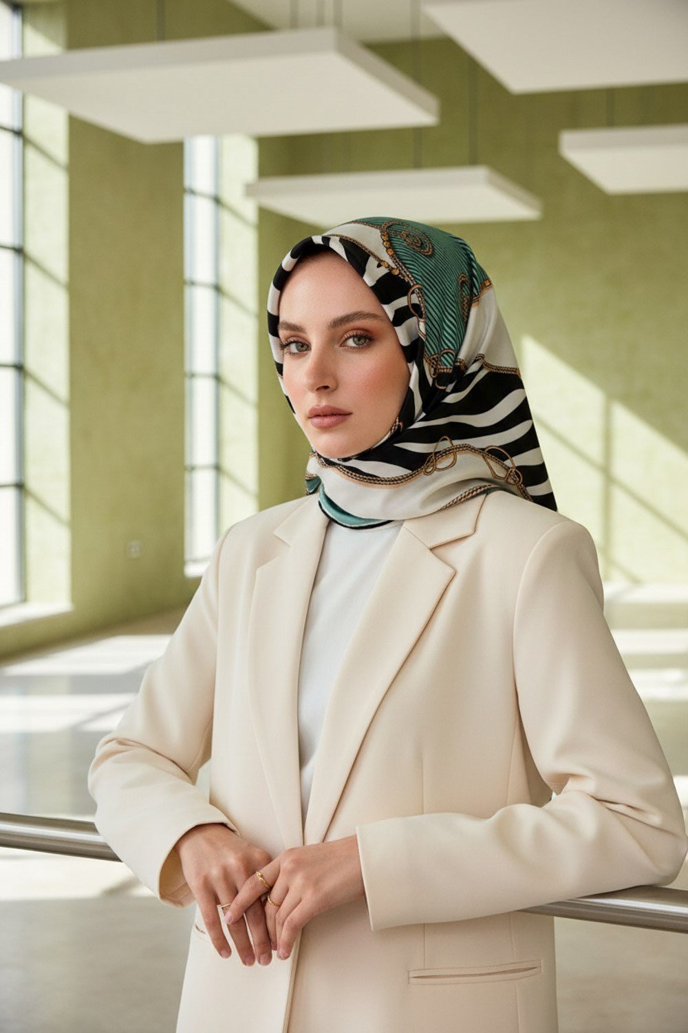 %100 Twill İpek Zincirli Ve Zebra Desenli Su Yeşili - Krem Renkli 90x90 Eşarp Dikim Şekli : El Dikişi