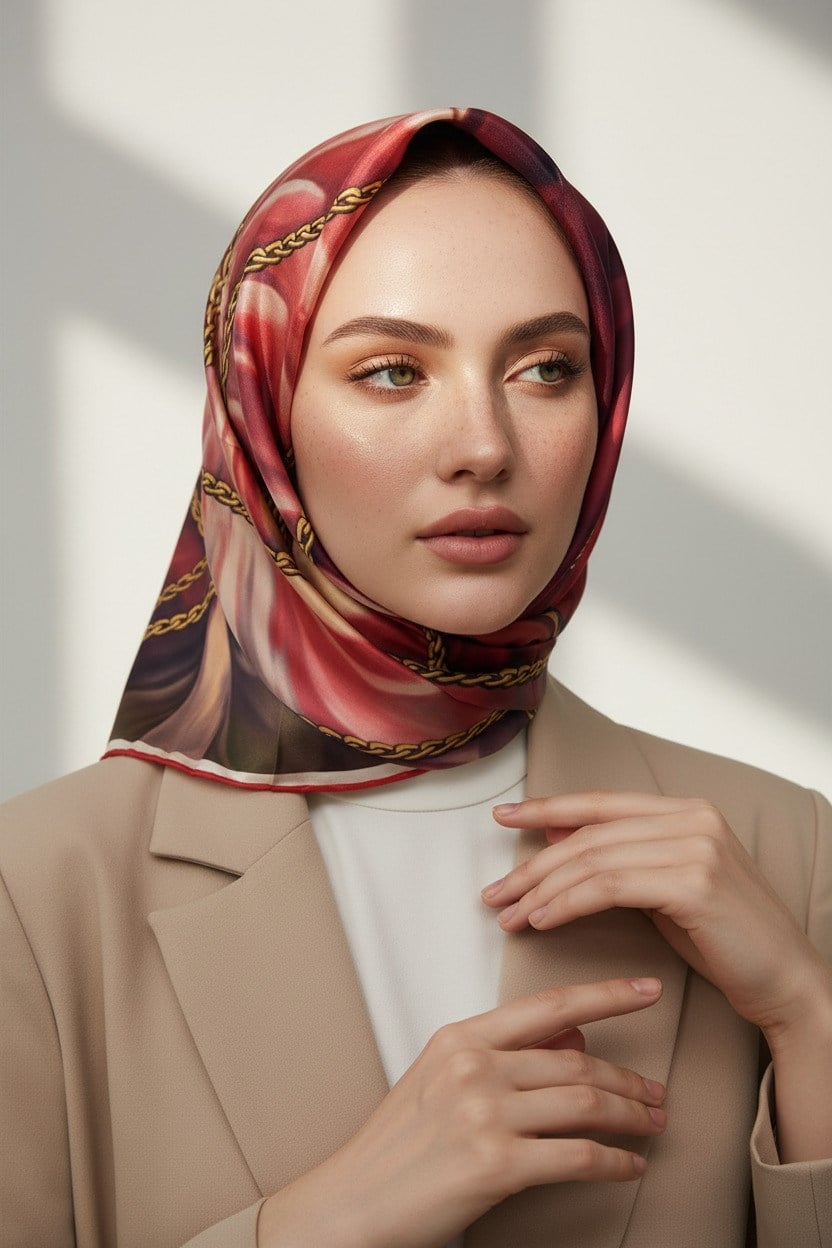 % 57 İPEK % 43 VİSKON Twill İpek Çiçek Geometrik Desenli kırmızı Renkli 90x90 Eşarp Dikim Şekli : El Dikişi