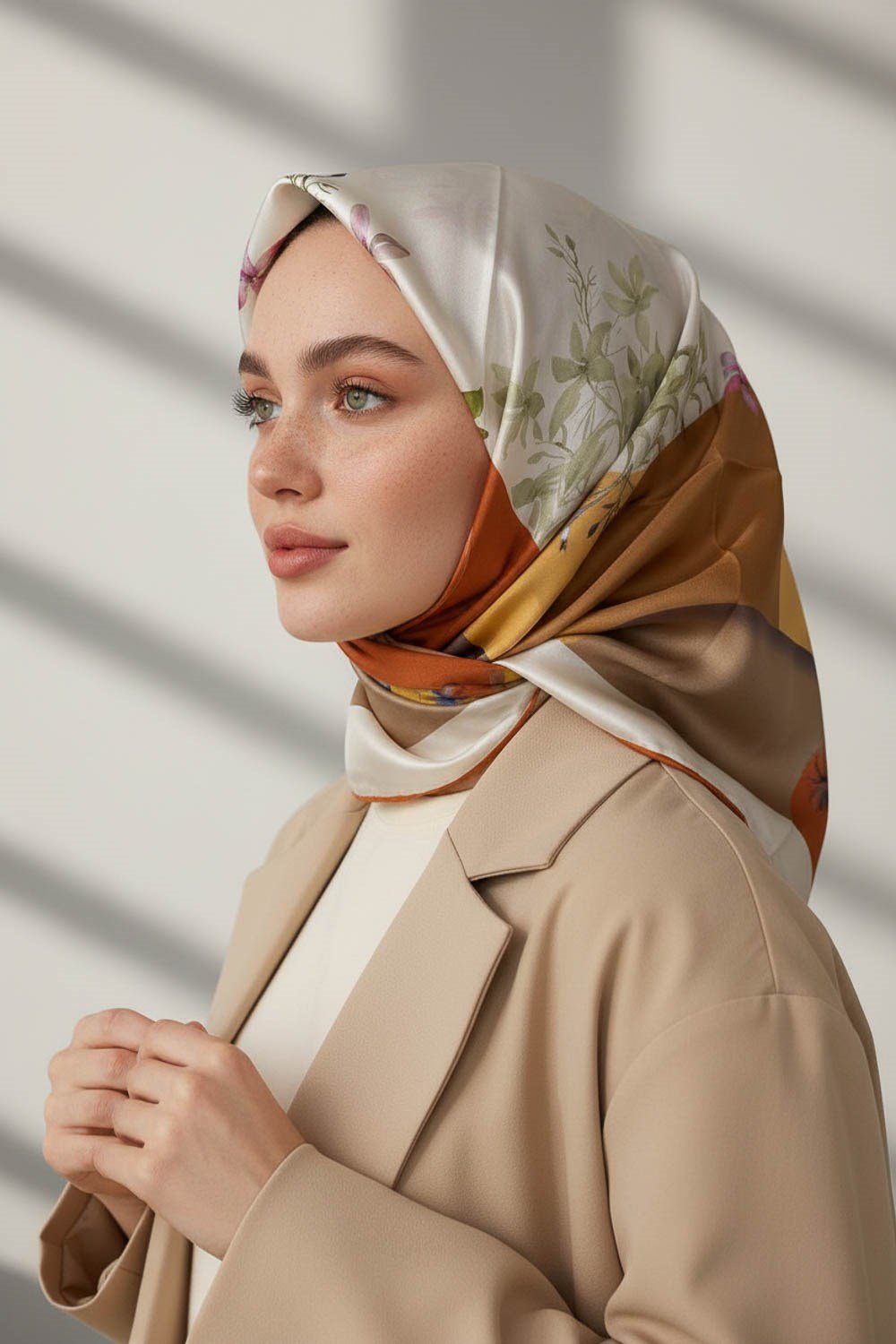 %100 Twill İpek Kareli Ve Çıtır Çiçek Desenli Taba - Gold Renkli 90x90 Eşarp Dikim Şekli : El Dikişi