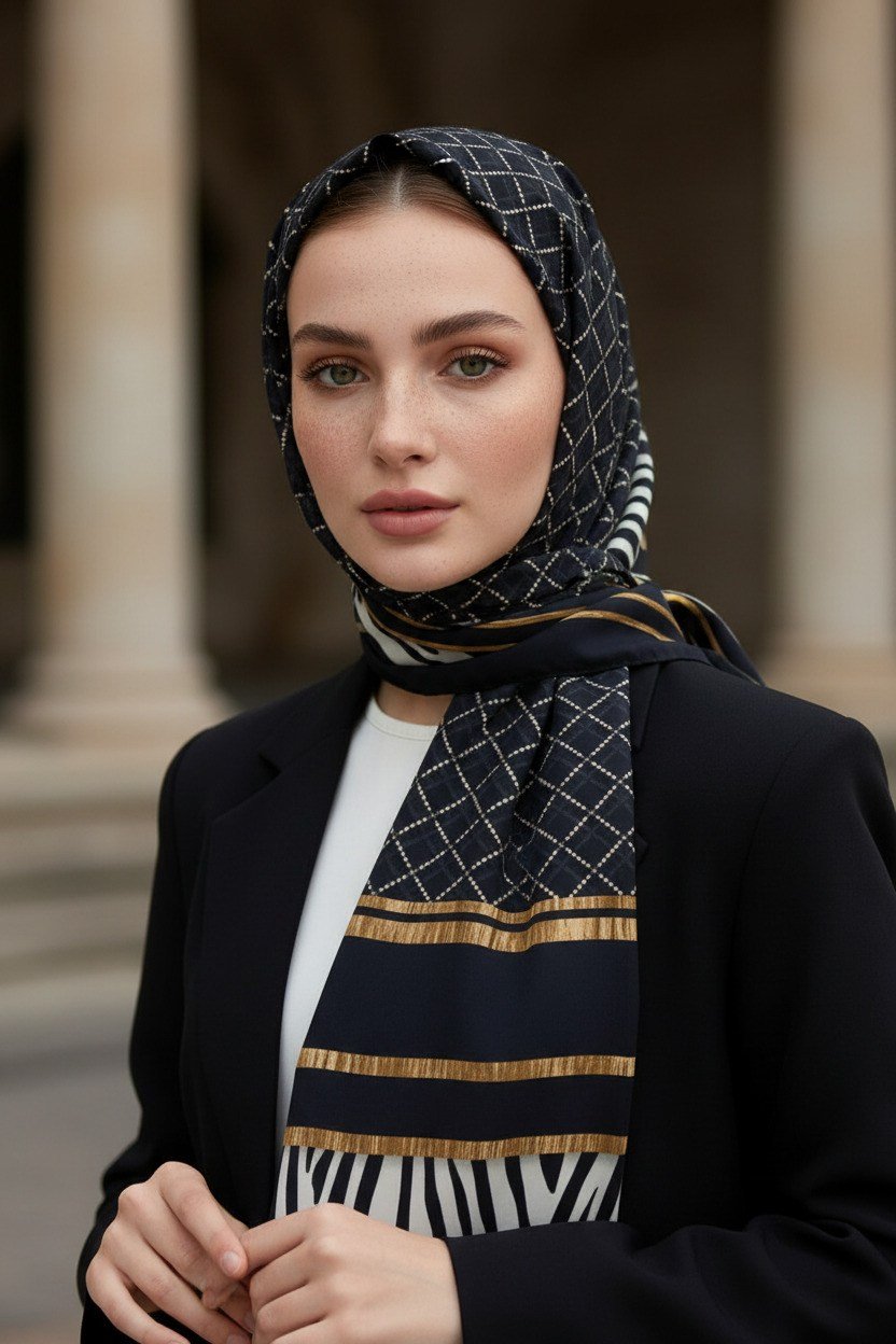 KREP ZEBRALI BAKLAVA DESENLİ SİYAH RENKLİ 75X195 KIRIŞMAZ ŞAL