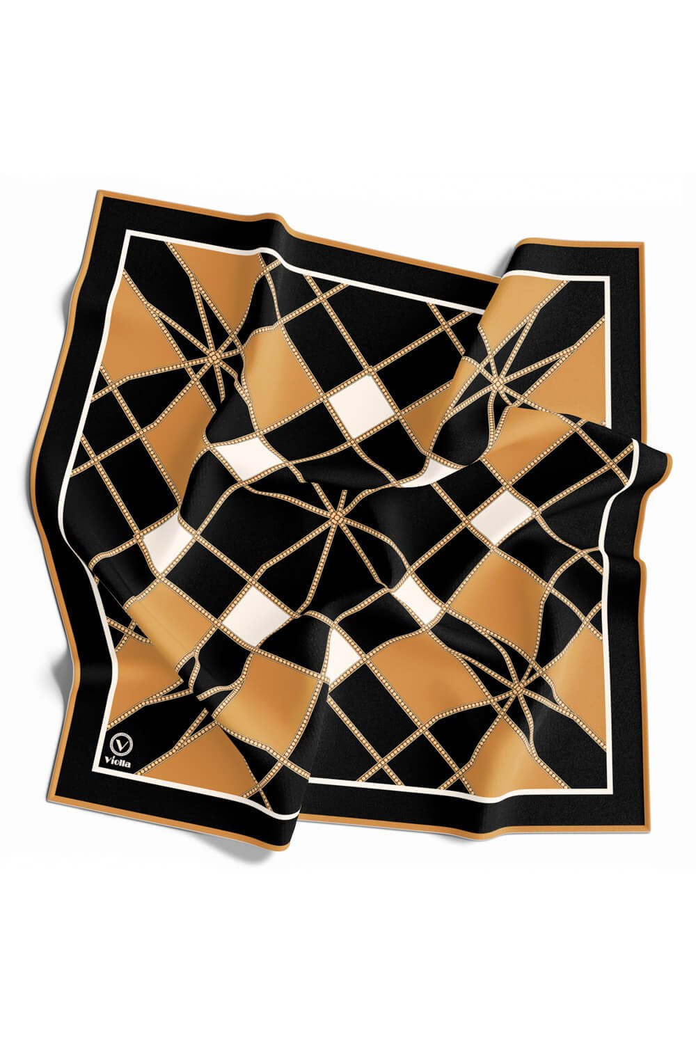 Twill Gold Detaylı Geometrik Çiçekli Desenli Hardal Renkli 90x90 Eşarp (İpek İçermez) Kenar Dikiş Şekli El Dikişli