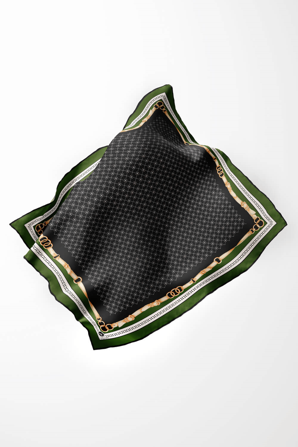 Twill Kemerli ve Çıtır Motifli Desenli Zümrüt Yeşili Renkli 90x90 Eşarp (İpek İçermez) Dikim Şekli : El Dikişi