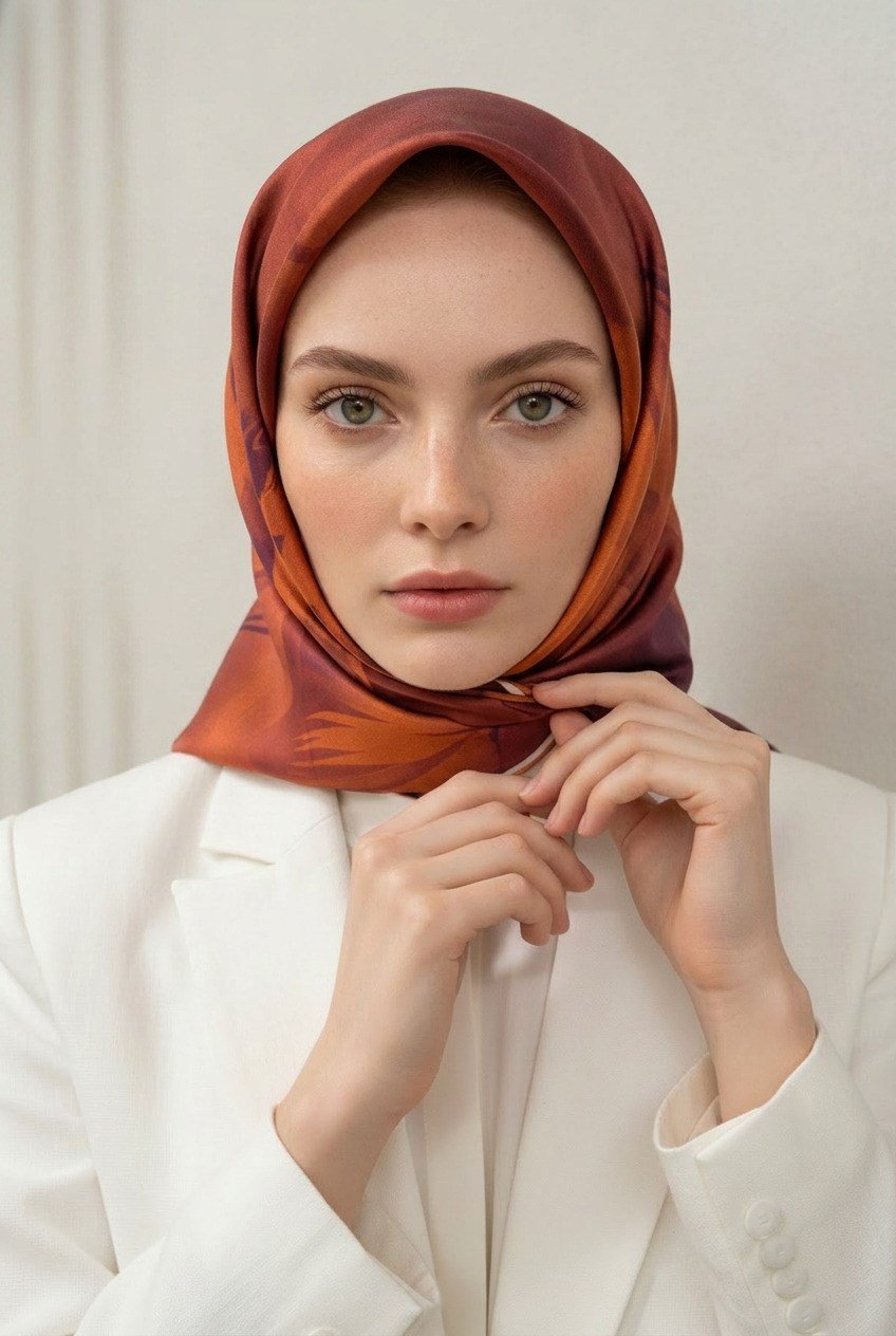 100% Twill İpek Çiçek Desenli Taba Renkli 90x90 Dikim Şekli : El Dikişi Eşarp