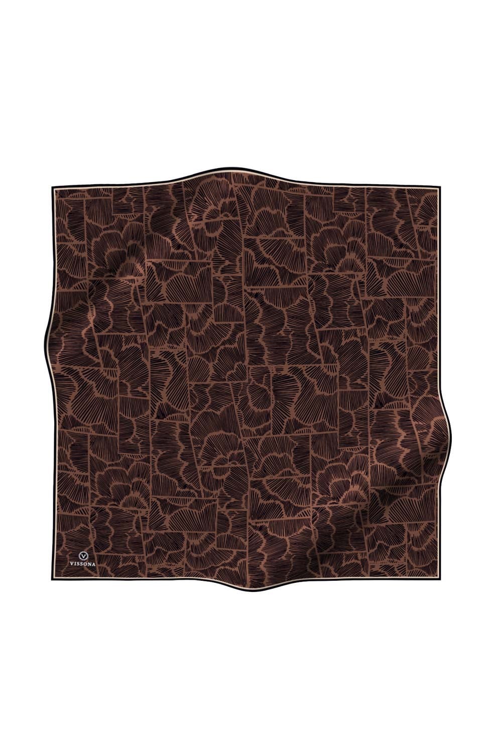 %100 Twill İpek Geometrik Desenli Bakır - Siyah Renkli 90x90 Eşarp Dikim Şekli : El Dikişi