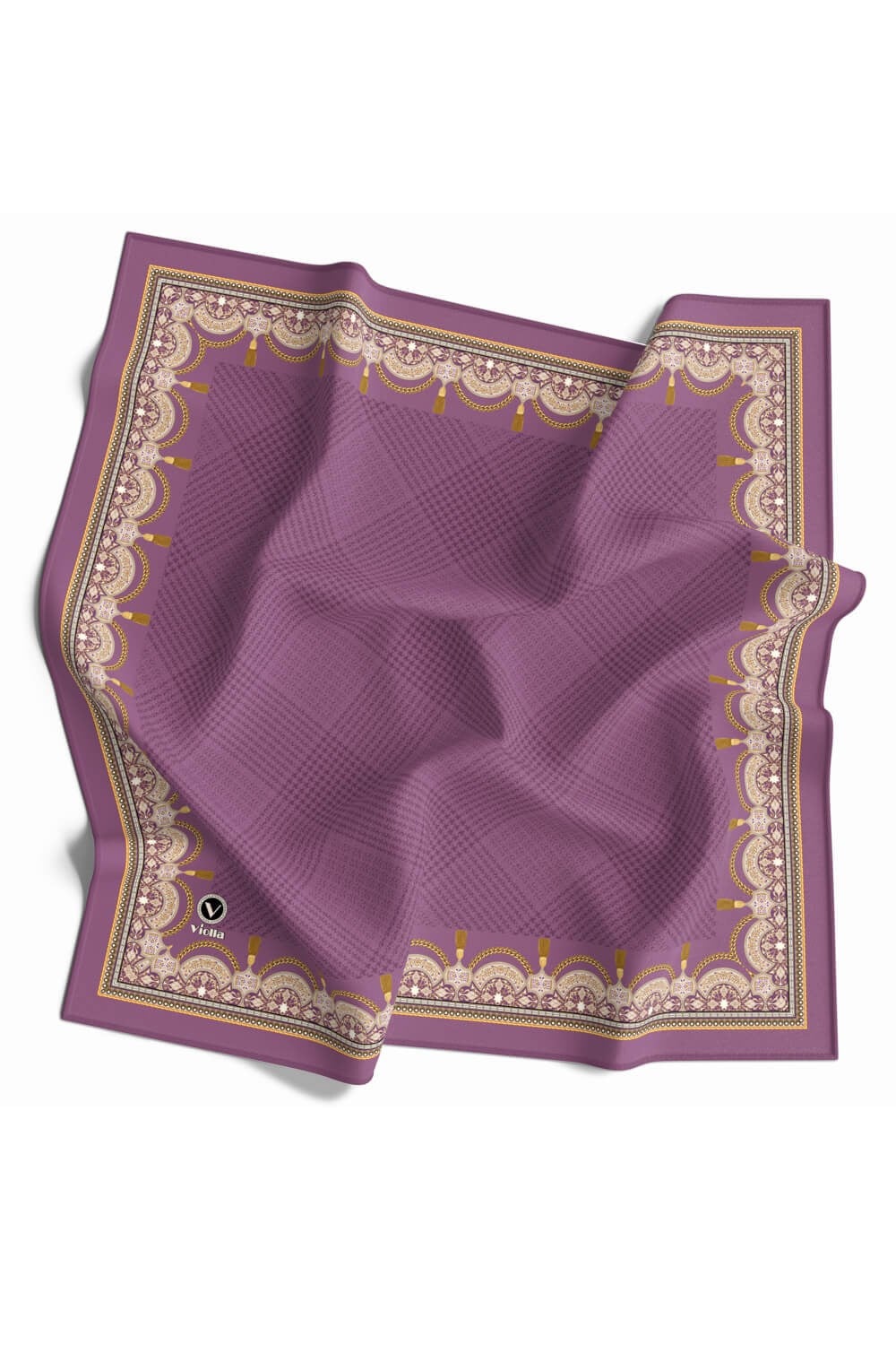Twill Yumuşak Dokulu Kenar Motifi Şal Desenli Lila Renkli 90x90 Eşarp (İpek İçermez) Dikim Şekli : El Dikişi