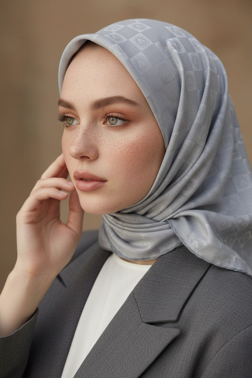 %57 İpek %43 Pamuk Jakarlı Monogram Eşarp 92X92