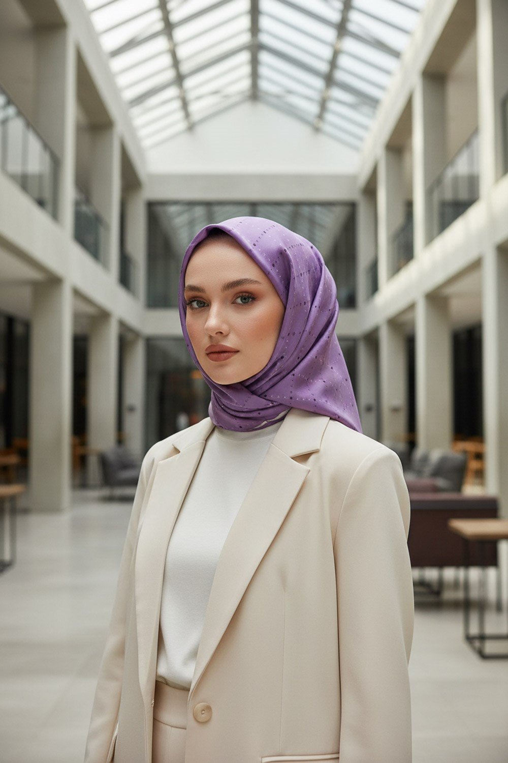 %100 Twill İpek Minik V Desenli Mor Renkli 90x90 Eşarp Dikim Şekli : El Dikişi