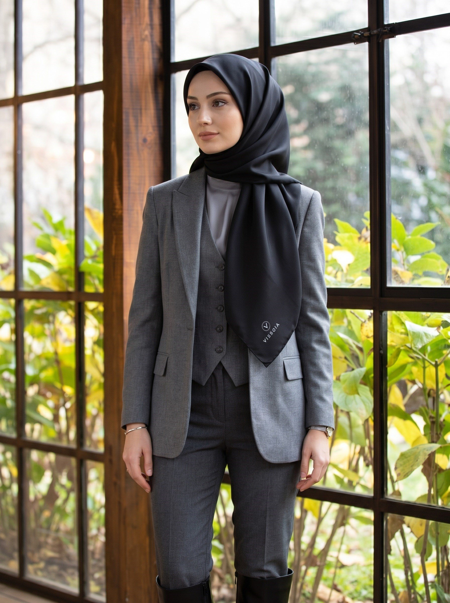 %100 Twill İpek Düz Siyah Renkli Daha Tok Exclusive Serisi 90x90 Eşarp Dikim Şekli : El Dikişi