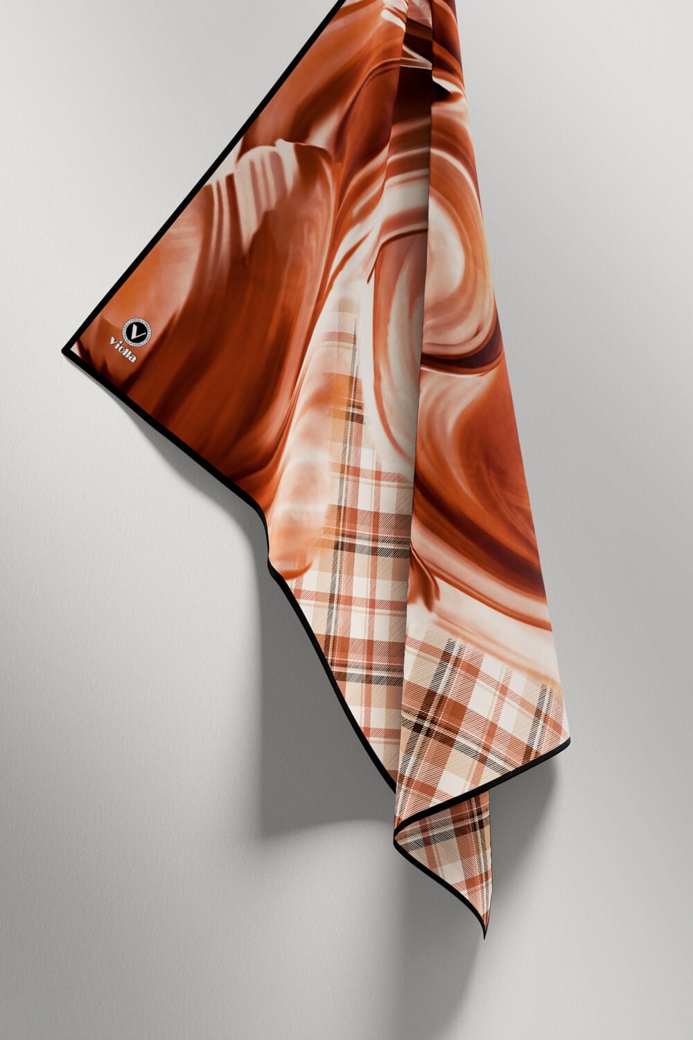 Twill Dalga ve Ekose Desenli Taba Renkli 90x90 Eşarp (İpek İçermez)Kenar Dikiş Şekli El Dikişli