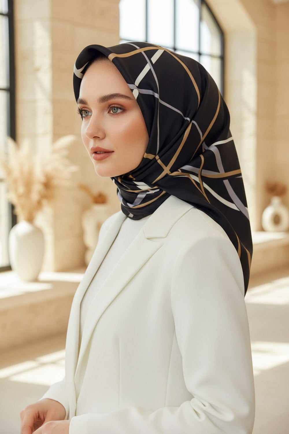 %57 İPEK %43 VİSKON Twill İpek Çizgili Desenli Siyah - Gold Renkli 90x90 Eşarp Dikim Şekli : El Dikişi