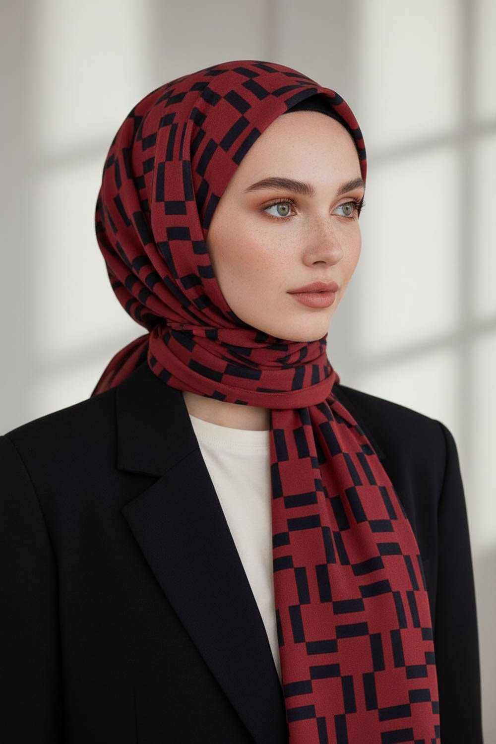 KREP MONOGRAM DESENLİ BORDO RENKLİ 75X195 KIRIŞMAZ ŞAL