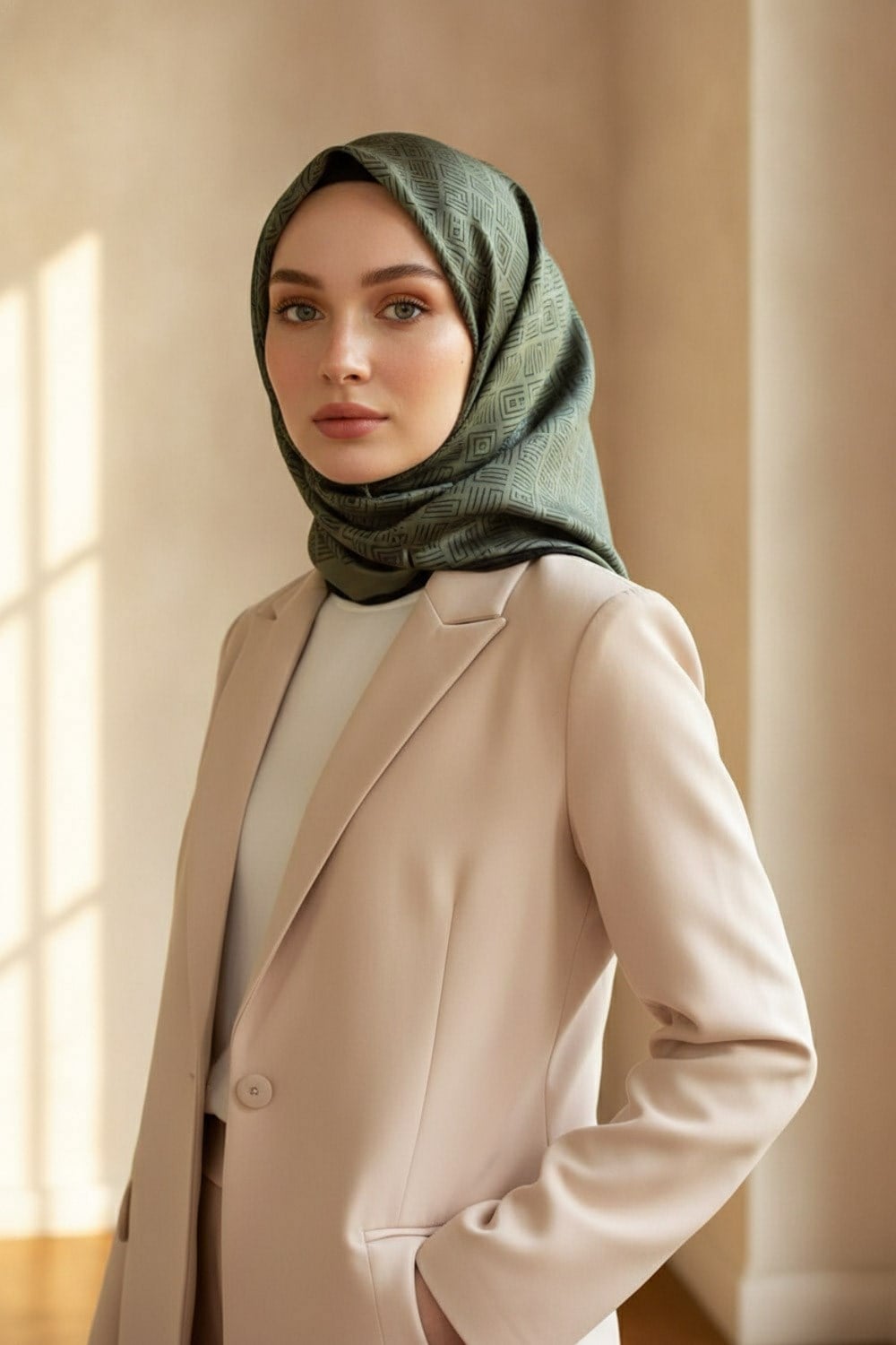100% Twill İpek Etnik Motif Desenli Haki - Siyah Renkli 90x90 Dikim Şekli : El Dikişi Eşarp
