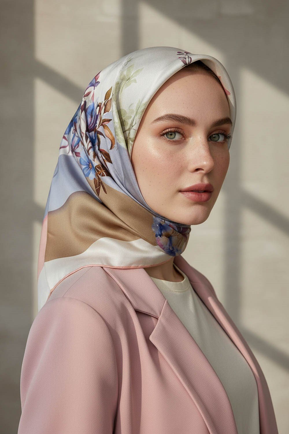%100 Twill İpek Kareli Ve Çıtır Çiçek Desenli Pudra - Bebe Mavisi Renkli 90x90 Eşarp Dikim Şekli : El Dikişi