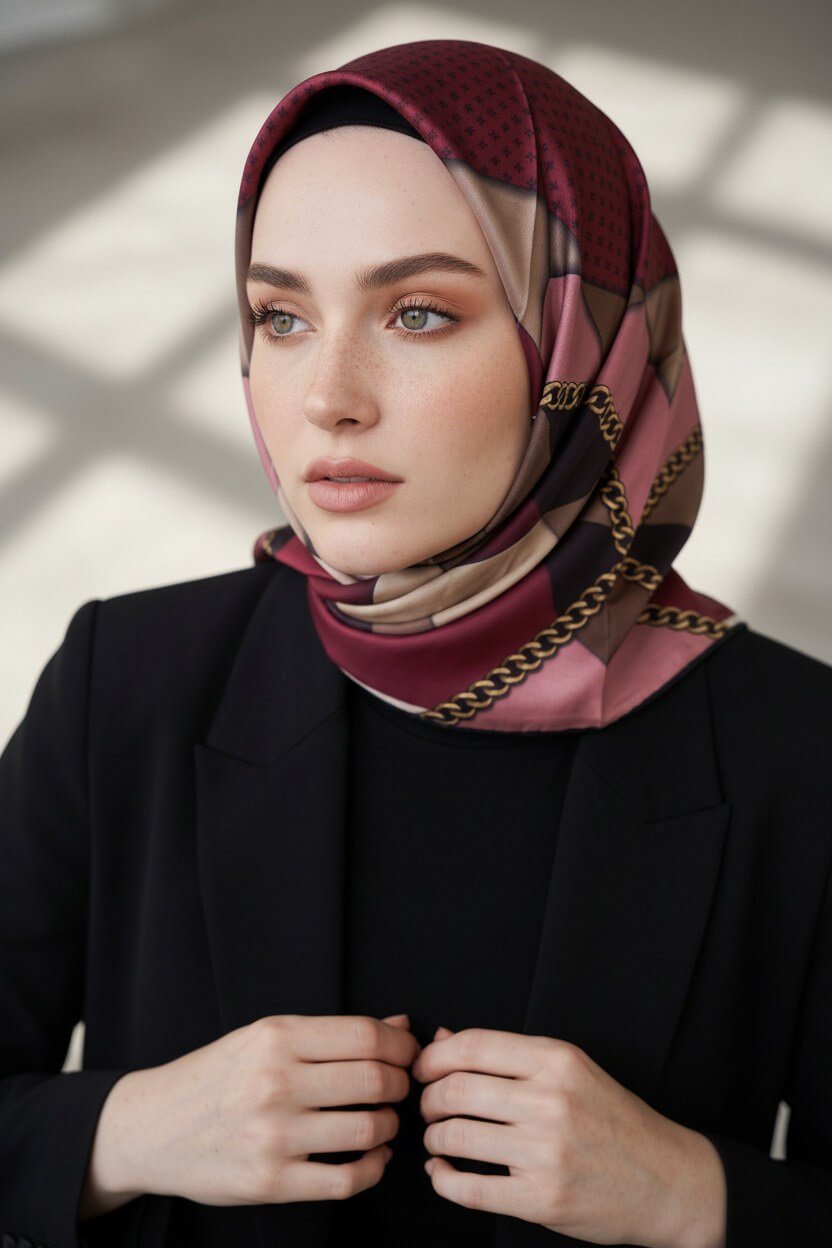 %100 Twill İpek Geometrik Desenli Bordo - Bej Renkli 90x90 Eşarp Dikim Şekli : El Dikişi
