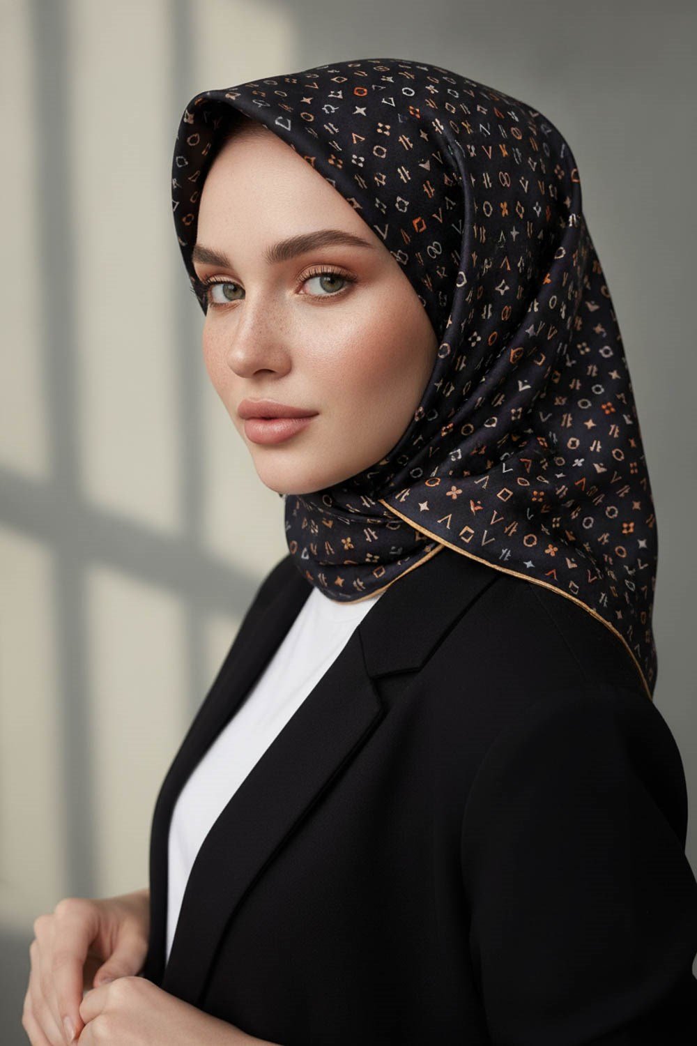 %100 Twill İpek Çıtır Motif Desenli Siyah - Bej Renkli 90x90 Eşarp Dikim Şekli : El Dikişi