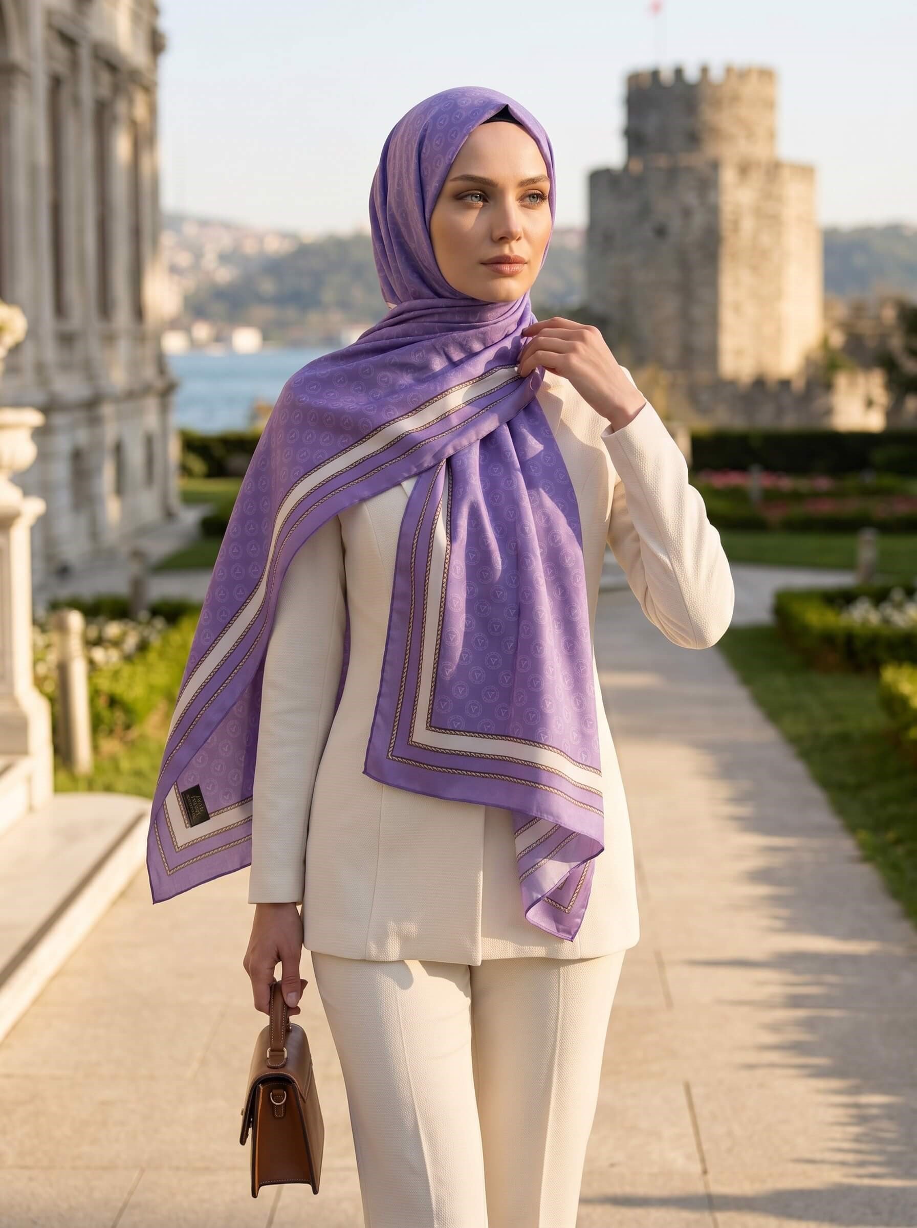 %100 Saf İpek Şal İnce Saten Vual Dokuma Monogram Desenli Lila - Krem Renkli 90x210 Şal