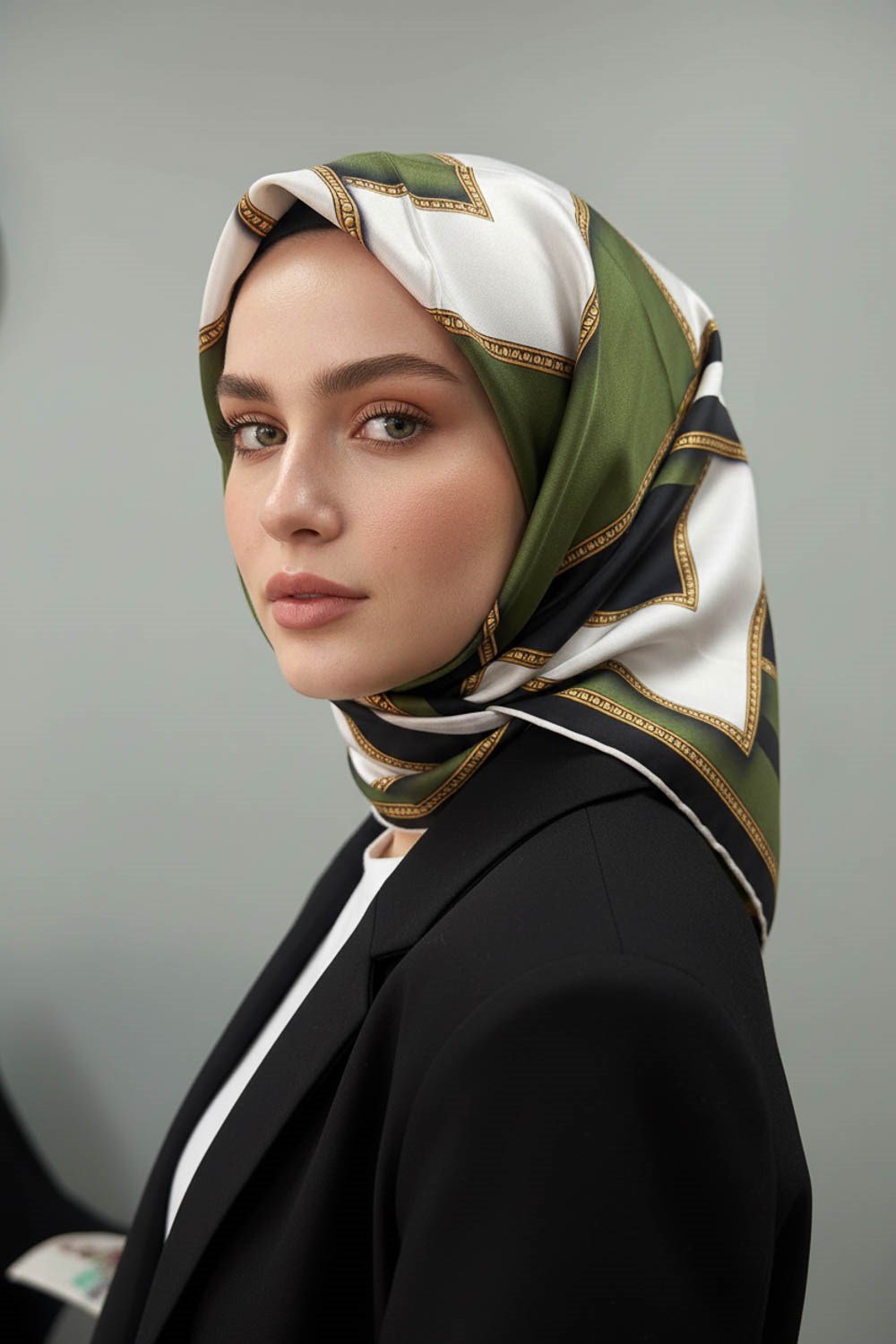 %100 Twill İpek Geometrik Desenli Siyah - Haki Renkli 90x90 Eşarp Dikim Şekli : El Dikişi