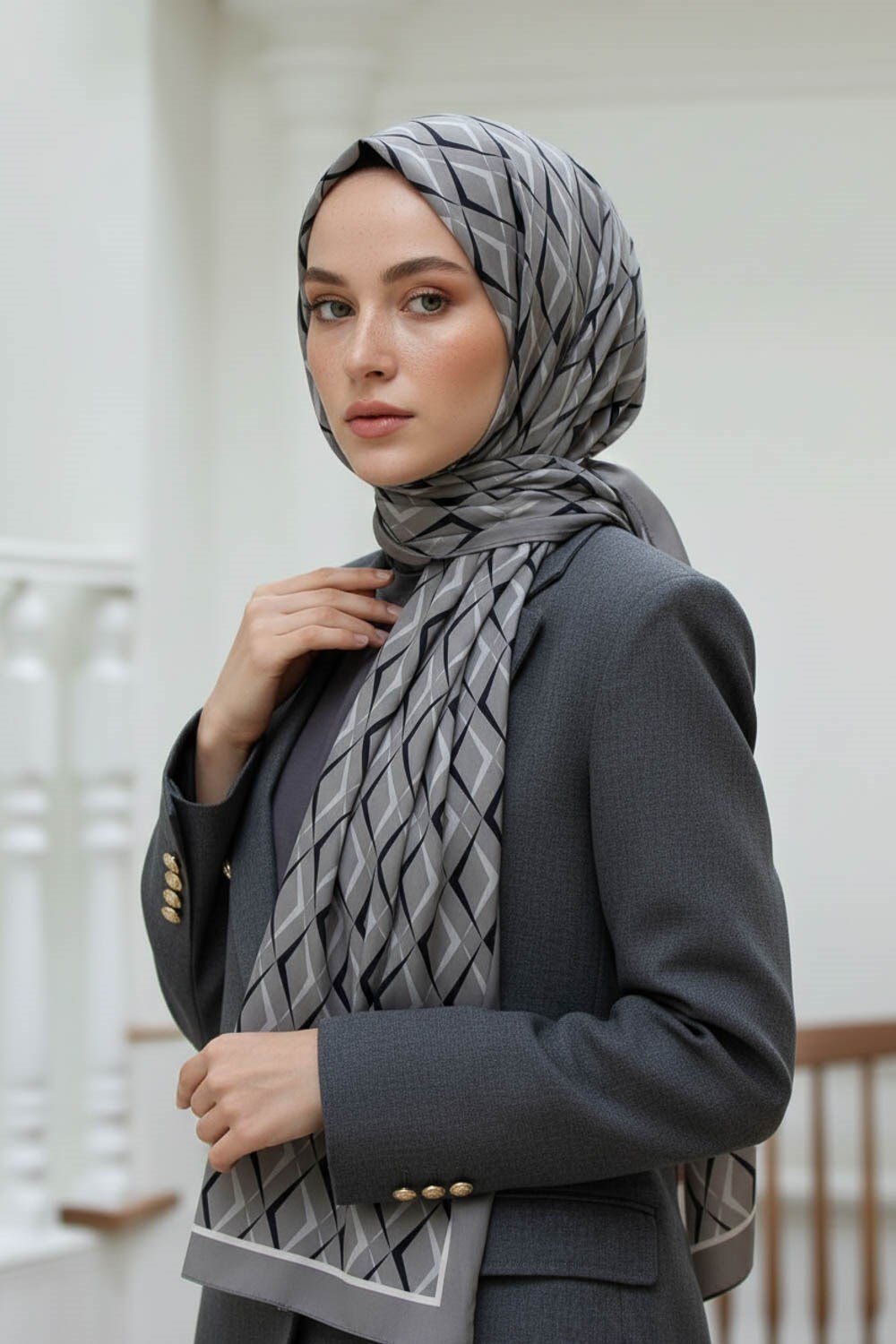KREP GEOMETRİK DESENLİ GRİ RENKLİ 75X195 KIRIŞMAZ ŞAL