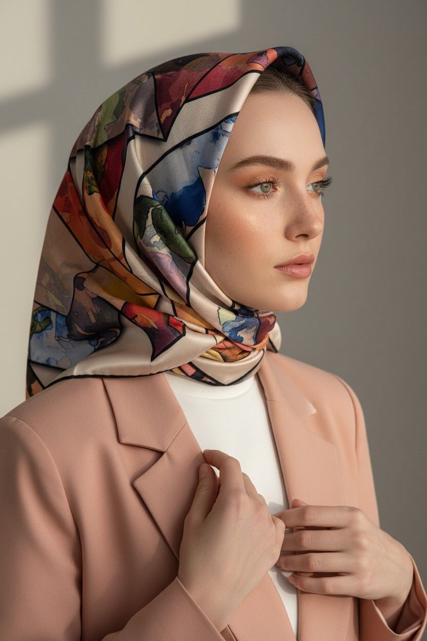 %100 Twill İpek Bahar Çiçekleri Desenli Pudra - Bebe Mavisi Renkli 90x90 Eşarp Kenar Dikiş Şekli El Dikişli
