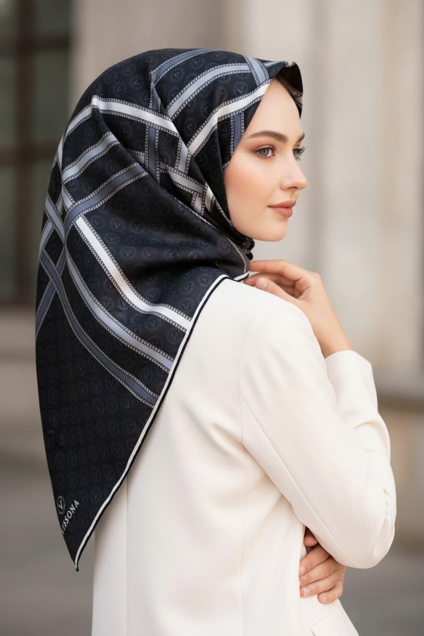 %100 Twill İpek Gold Şeritli Monogram Desenli Siyah - Gri Renkli 90x90 Eşarp Dikim Şekli : El Dikişi