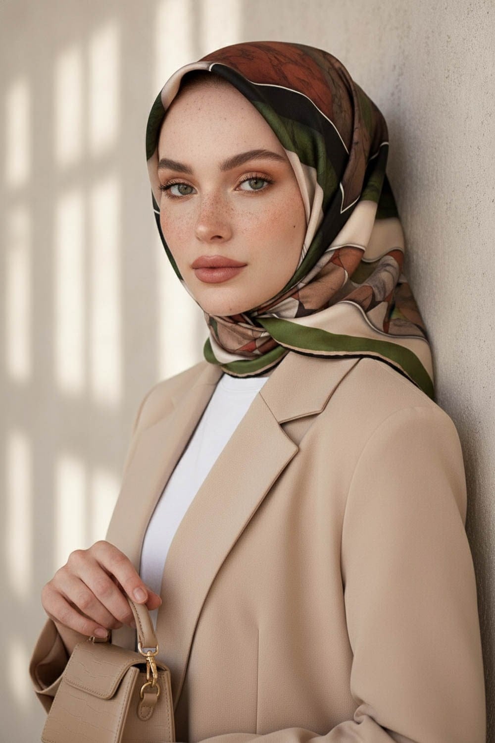 %100 Twill İpek Mermer Efektrli Geometrik Desenli Haki - Gold Renkli 90x90 Eşarp Dikim Şekli : El Dikişi