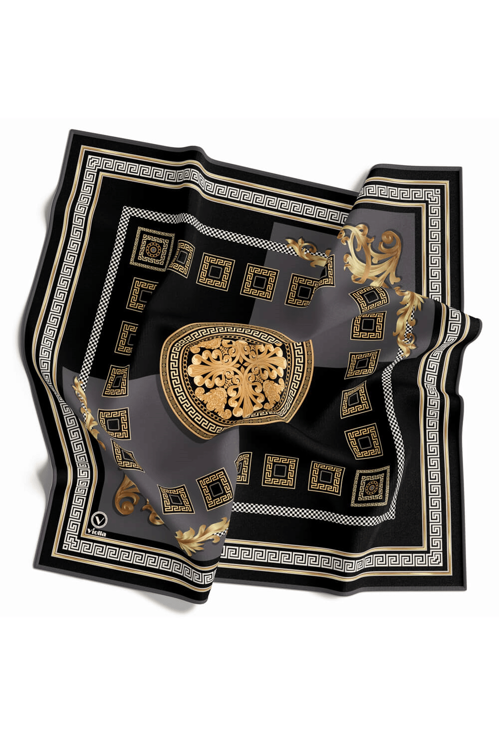 Twill Barok Desenli Gri Renkli 90x90 Eşarp (İpek İçermez) Kenar Dikiş Şekli El Dikişli