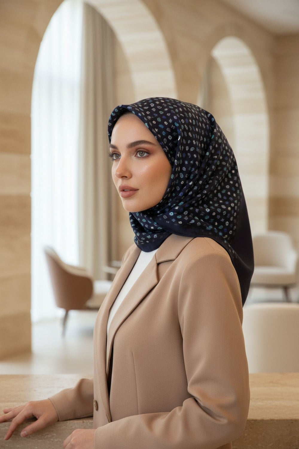 %100 Twill İpek Çıtır Şerit Desenli Lacivert - İndigo Renkli 90x90 Eşarp Dikim Şekli : El Dikişi