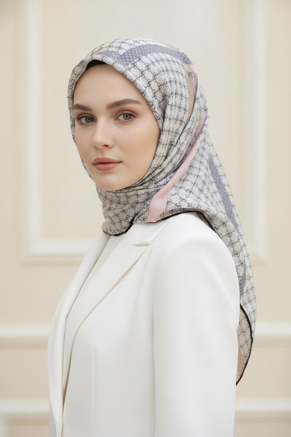 %100 Twill İpek Monogram Ve Şerit Desenli Pembe - Gri Renkli 90x90 Eşarp Dikim Şekli : El Dikişi