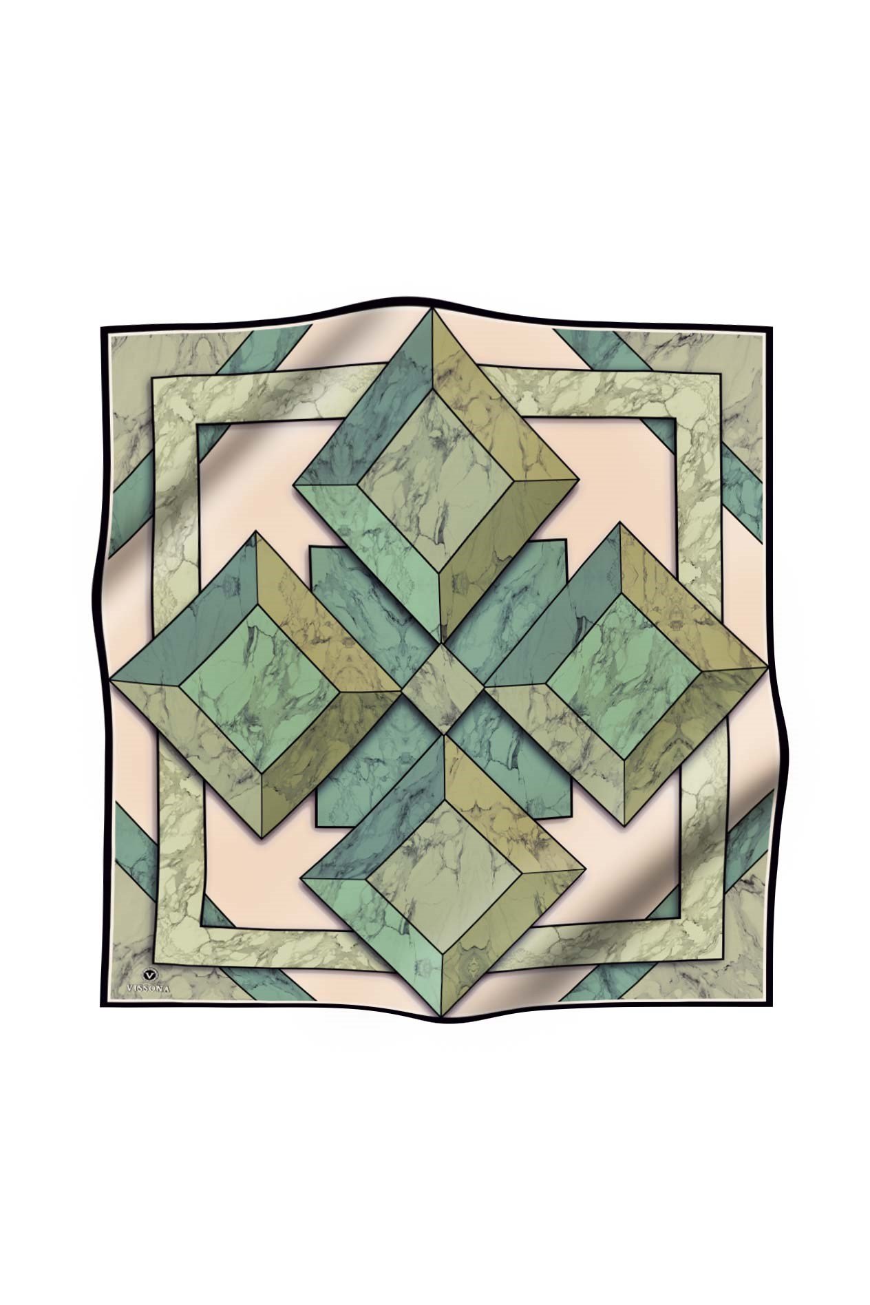 %100 Twill İpek Mermer Desenli Mint Yeşili - Haki Renkli 90x90 Eşarp Dikim Şekli : El Dikişi