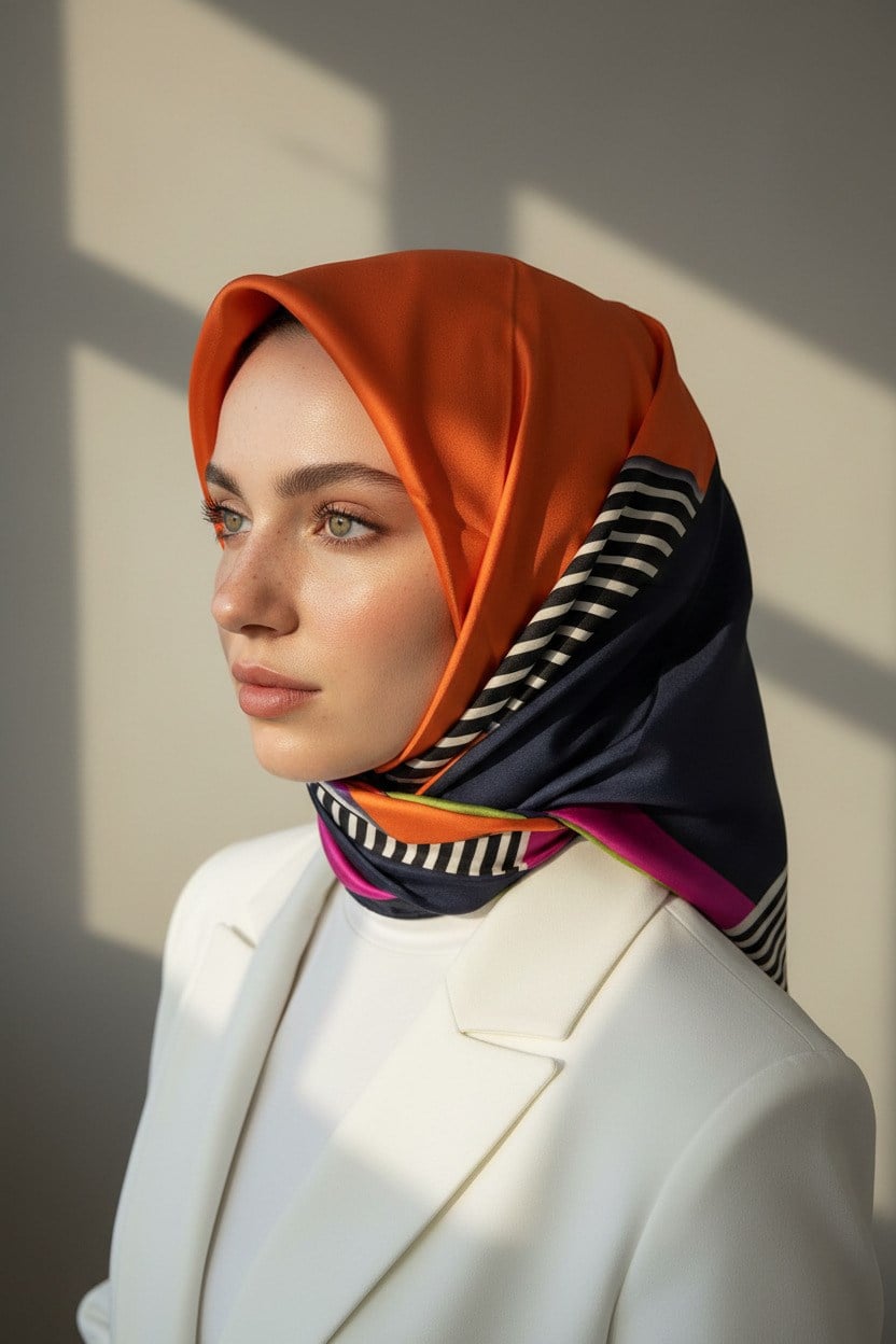 %100 Twill İpek Çizgili ve Geometrik Desenli Turuncu - Fıstık Yeşili Renkli 90x90 Eşarp Dikim Şekli : El Dikişi