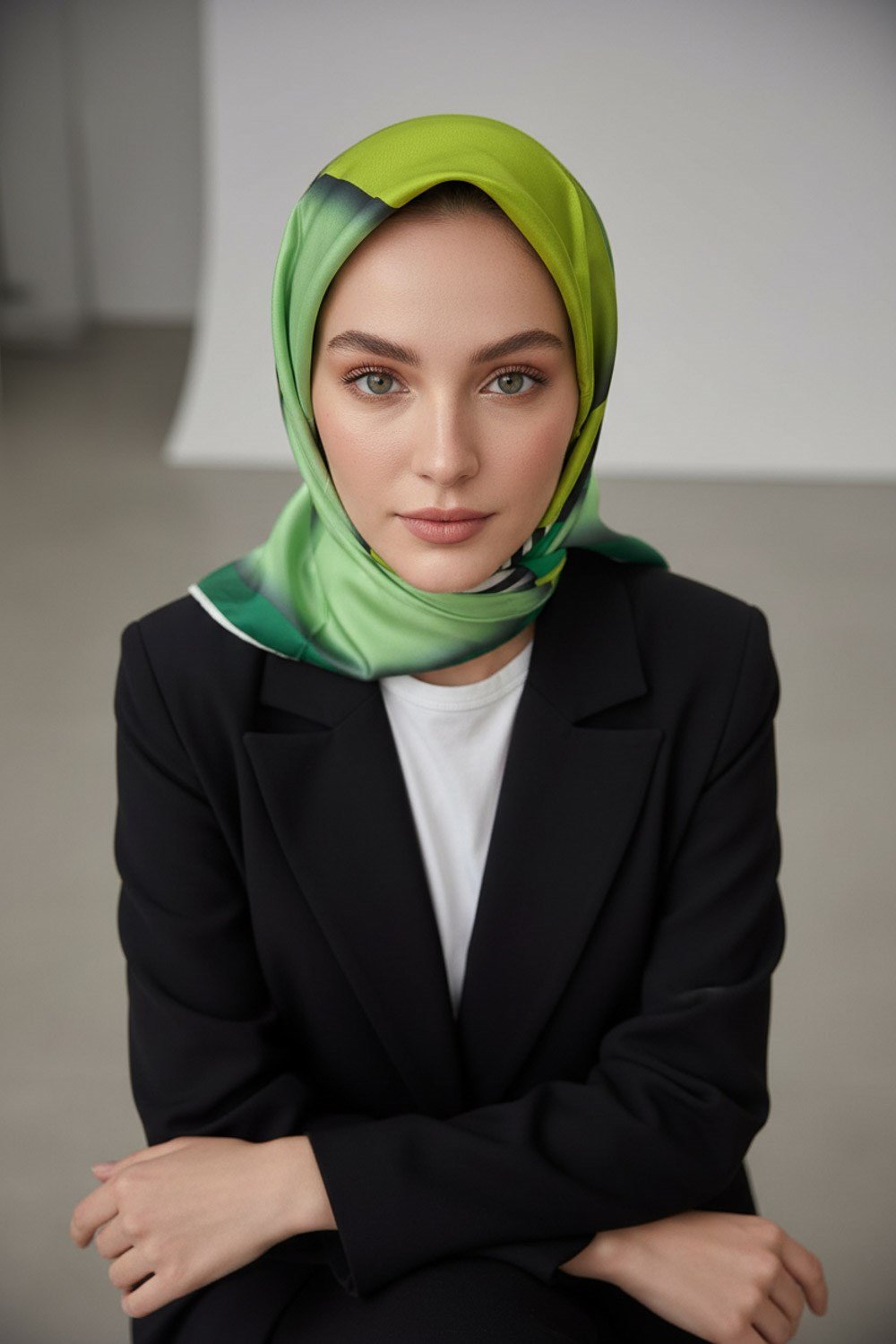%100 Twill Renk Bloklu Çizgili Desenli Haki Yeşili - Zümrüt Yeşili Renkli 90x90 Eşarp Dikim Şekli: El Dikişii