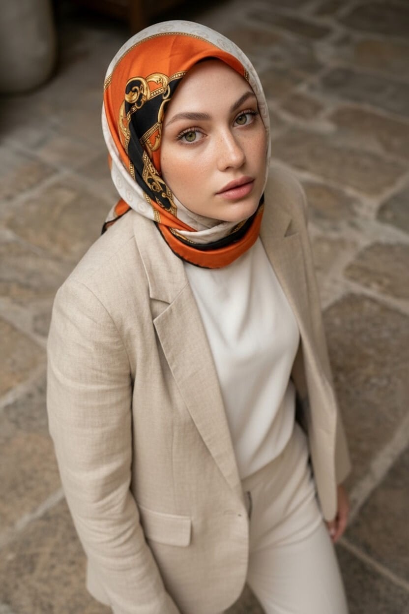 %100 Twill İpek Monogramlı Ve Barok Desenli Turuncu - Gold Renkli 90x90 Eşarp Dikim Şekli : El Dikişi