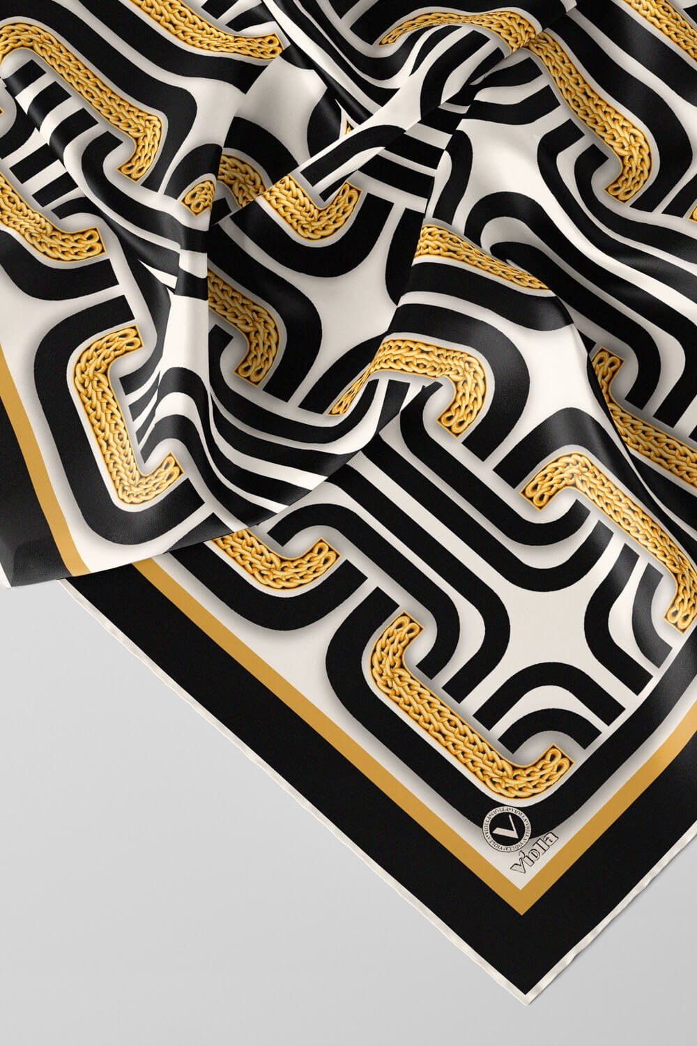 Twill Geometrik Zincir Desenli Siyah Renkli 90x90 Eşarp (İpek İçermez) Kenar Dikiş Şekli El Dikişli