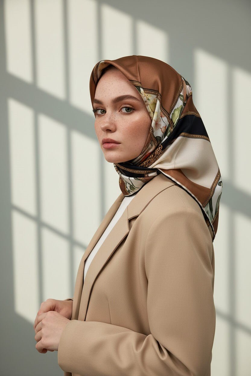 100% Twill İpek Şeritli Çiçek Desenli Bakır - Krem Renkli 90x90 Dikim Şekli : El Dikişi Eşarp