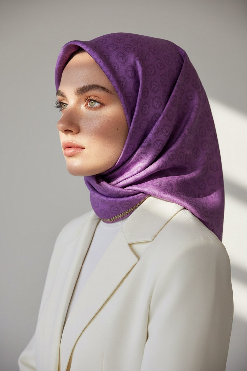 % 57 İPEK % 43 VİSKON Twill İpek Monogram Desenli Mor Renkli 90x90 Eşarp Dikim Şekli : El Dikişi