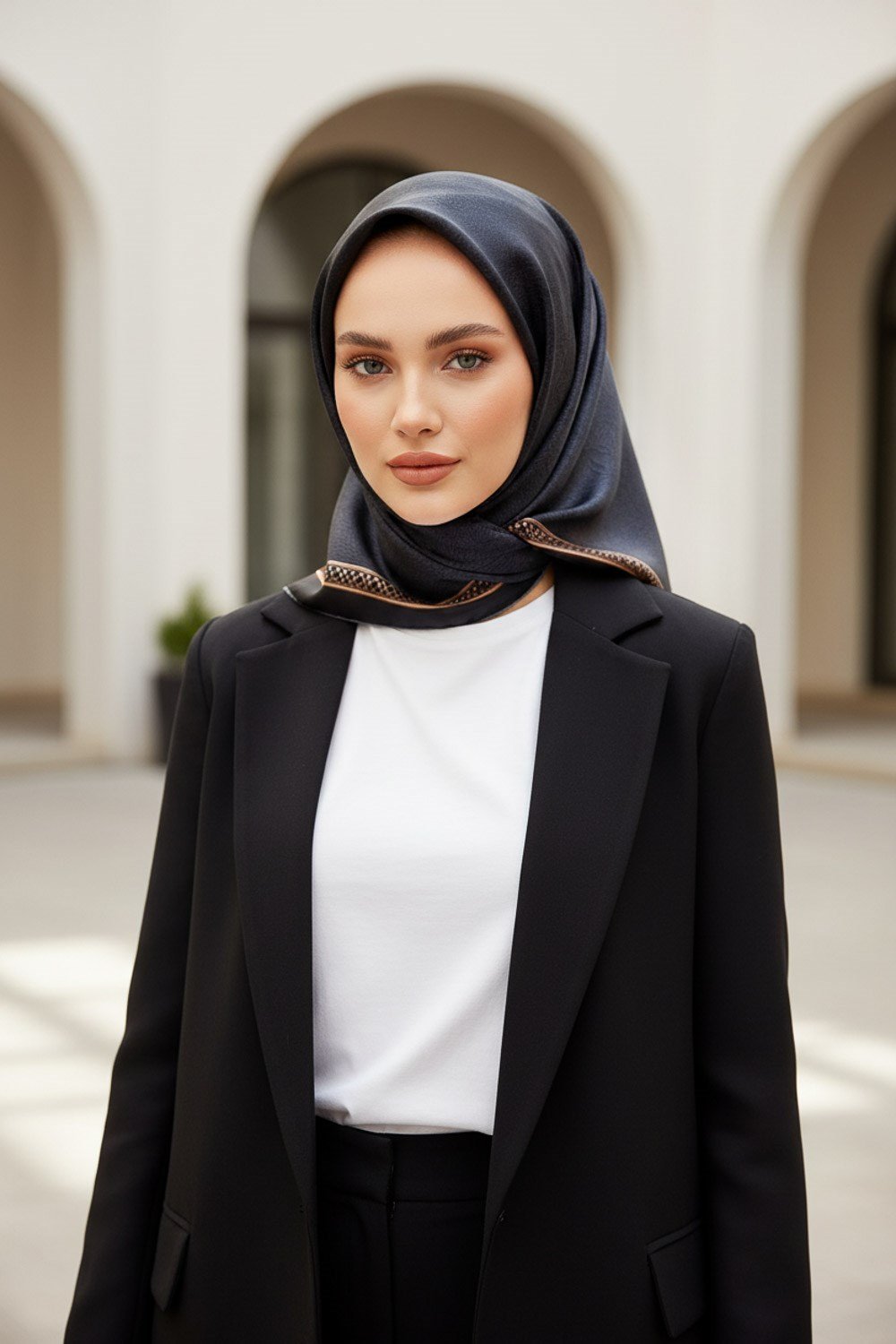 %100 Twill İpek Eşarp 90x90 Siyah Barok Desenli El Dikişli Kadın Eşarp