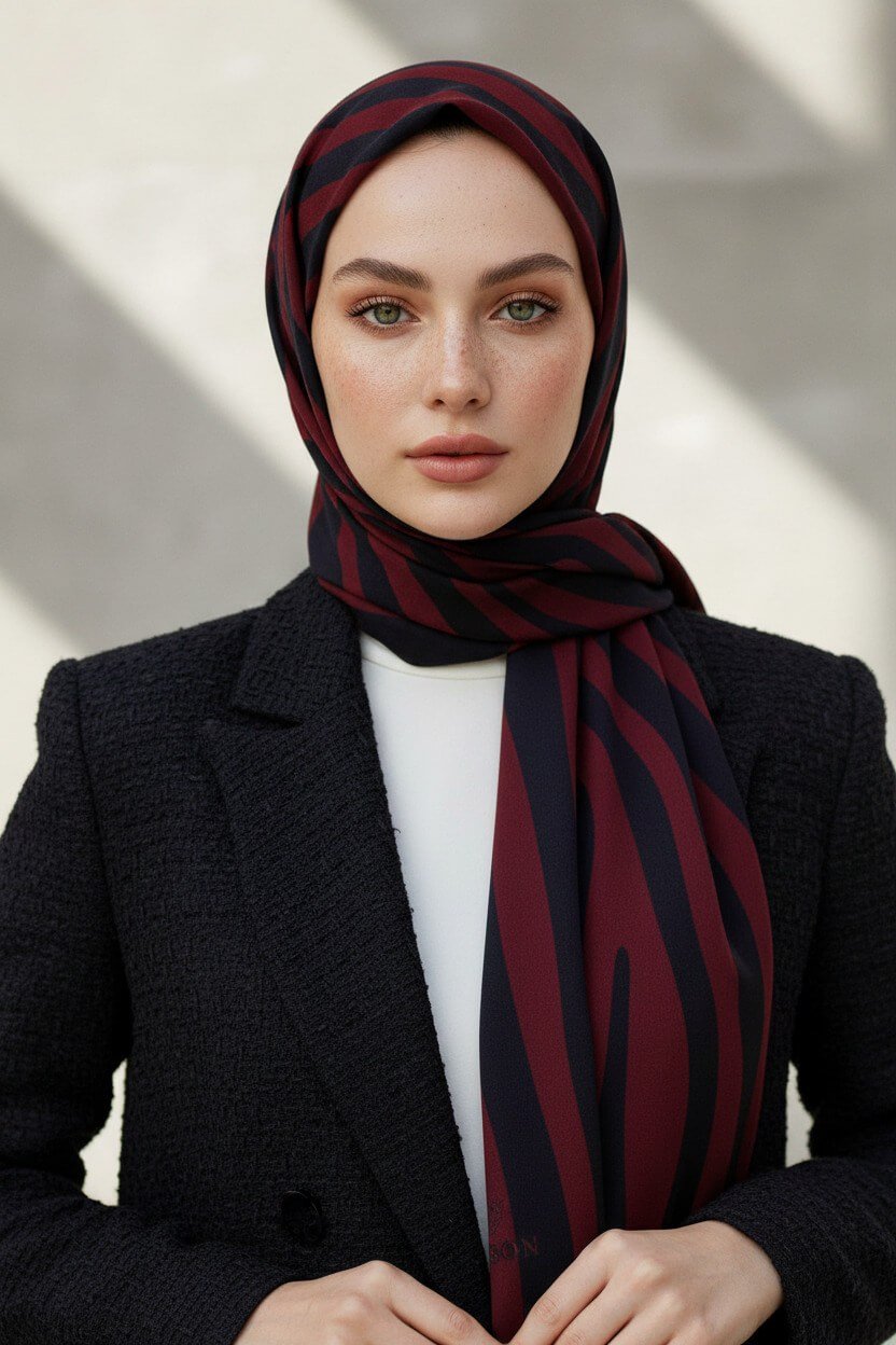 Kırışmaz Krep Şal Zebra Desenli Siyah Kırmızı – Ütü İstemez Kolay Şekil Alır 75x190 cm