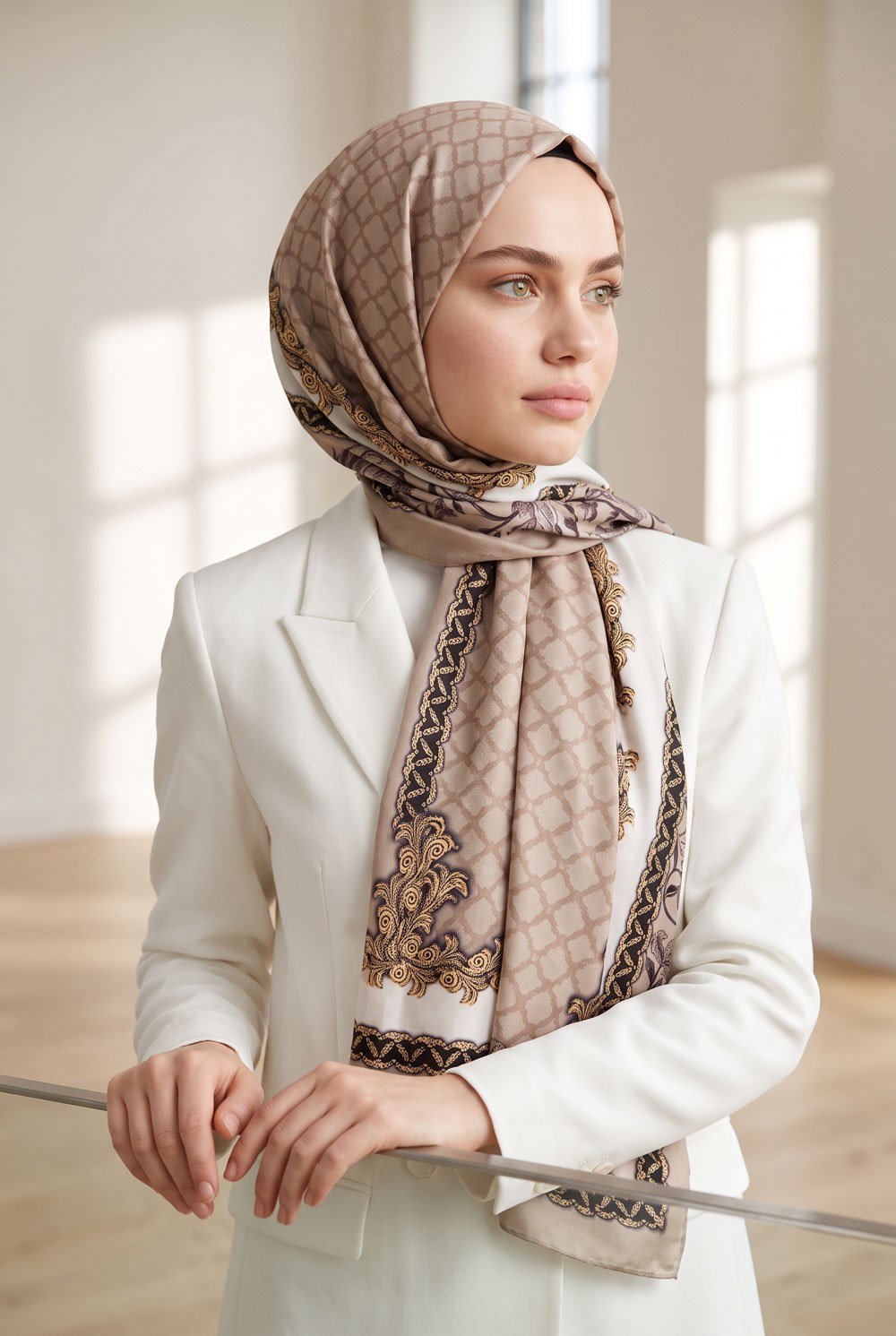 %100 Saf İpek Şal İnce Saten Vual Dokuma Yaprak Desenli Bej - Gold Renkli 90x210 Şal