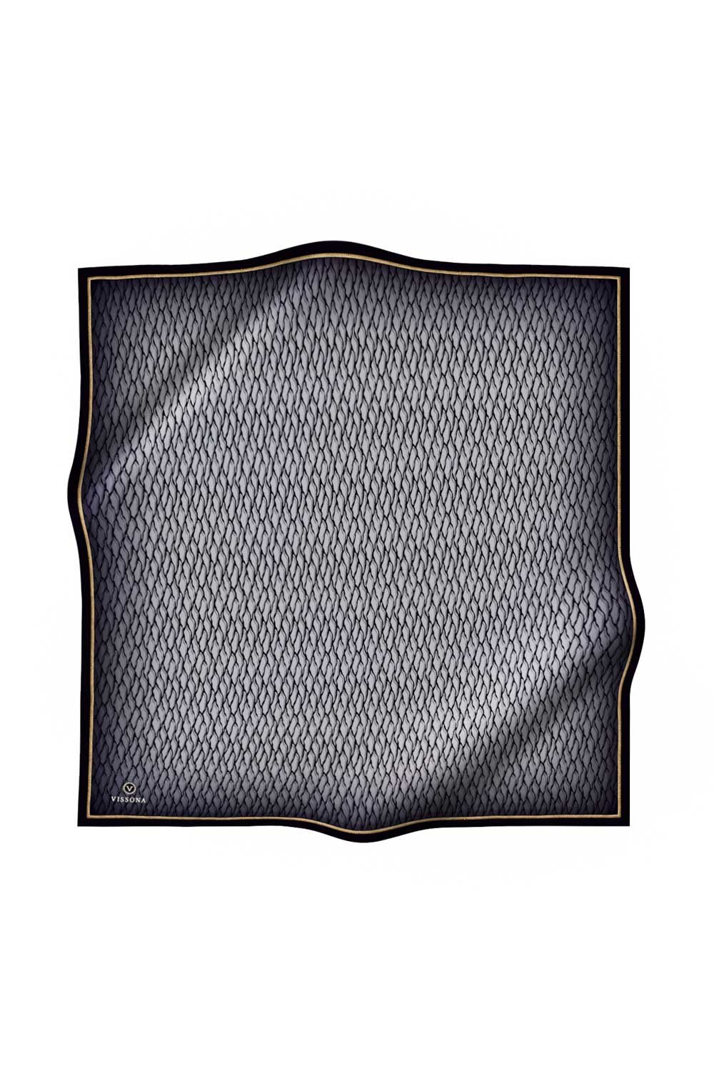 %100 Twill İpek File Desenli Gri - Siyah Renkli 90x90 Eşarp Dikim Şekli : El Dikişi