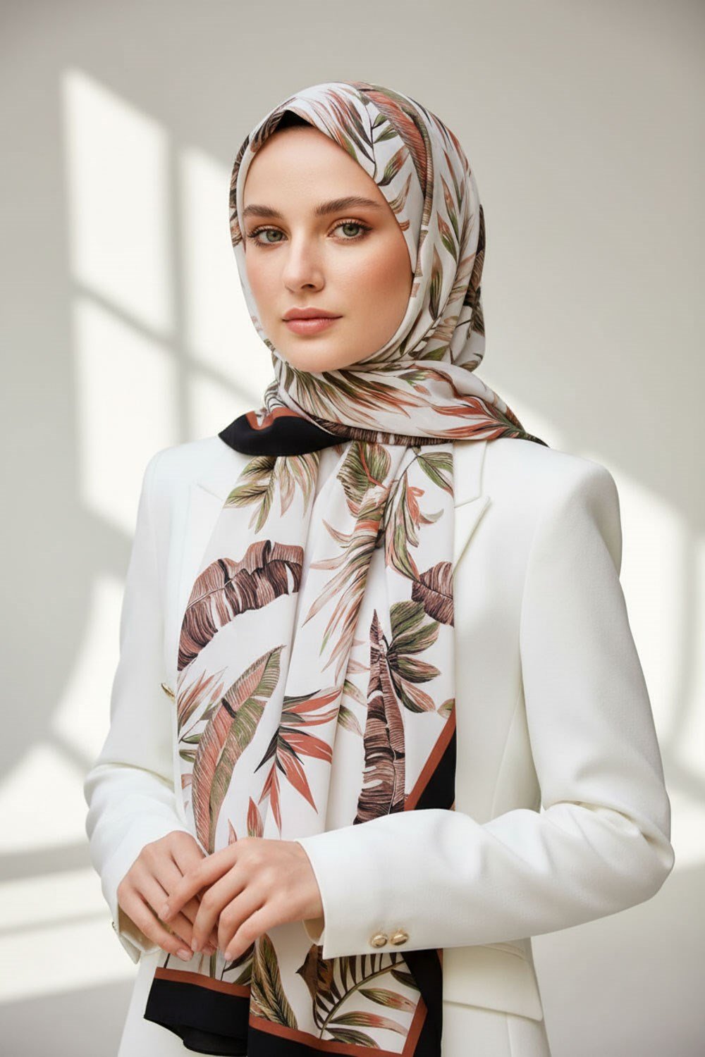 KREP YAPRAK DESENLİ HAKİ - TABA RENKLİ 75X195 KIRIŞMAZ ŞAL