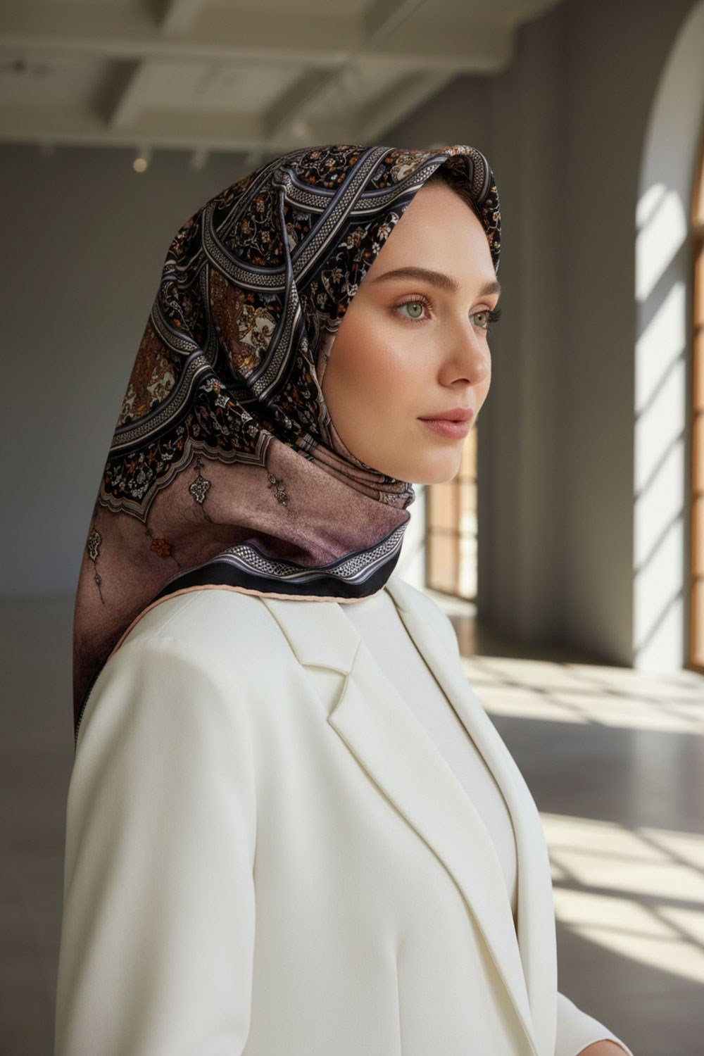% 57 İPEK % 43 VİSKON Twill İpek Şal Desenli Pudra - Siyah Renkli 90x90 Eşarp Dikim Şekli : El Dikişi