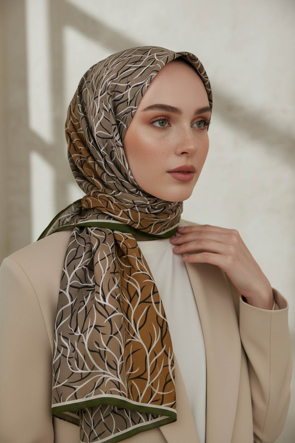 KREP GEOMETRİK DESENLİ HAKİ YEŞİLİ RENKLİ 75X195 KIRIŞMAZ ŞAL