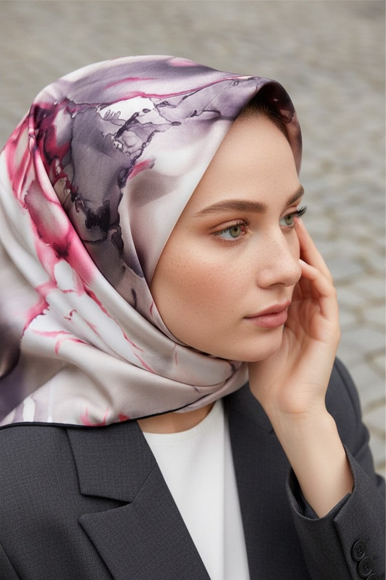 % 57 İPEK % 43 VİSKON Twill İpek Batik Çiçek Desenli Gri - Pembe Renkli 90x90 Eşarp Kenar Dikiş Şekli El Dikişli