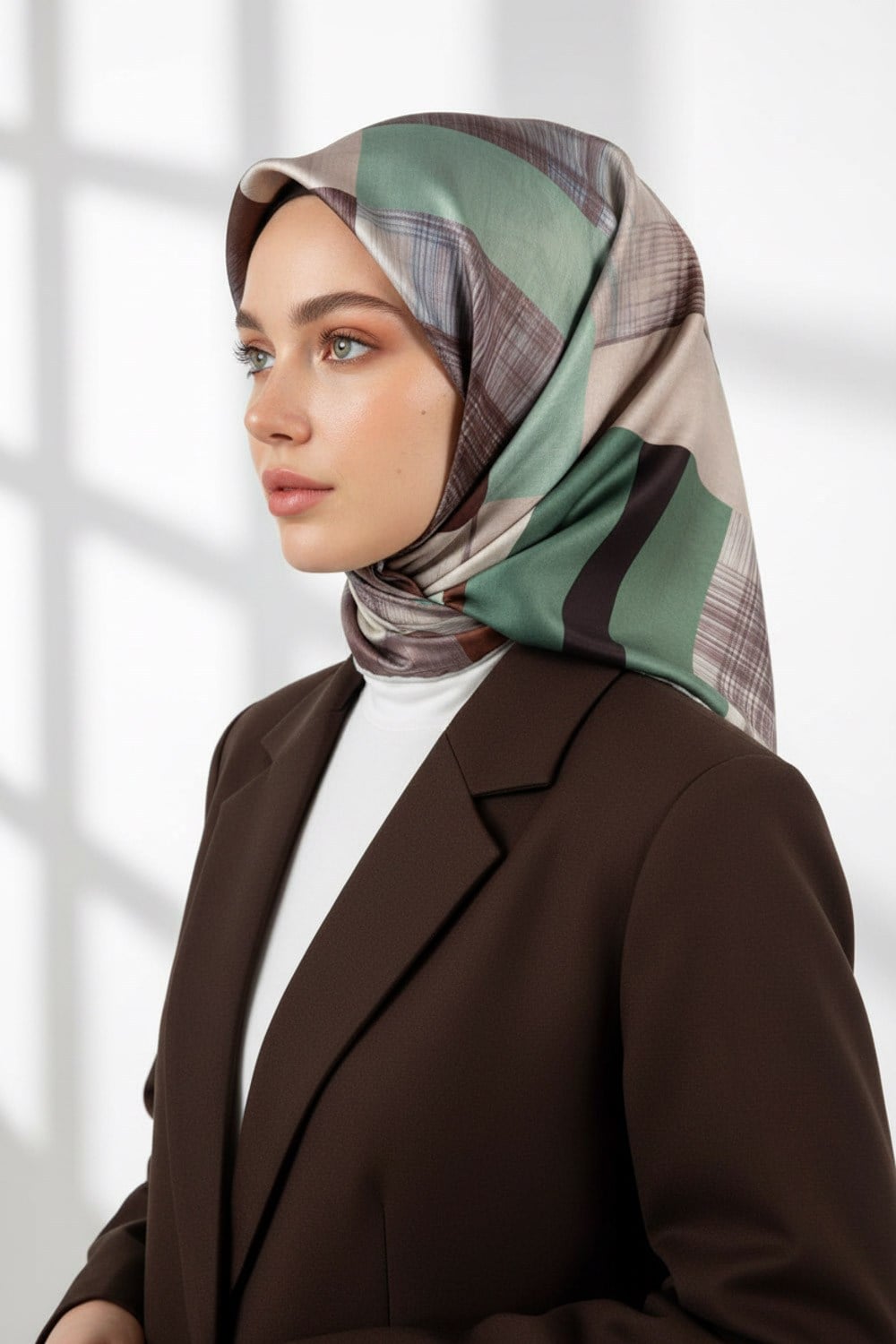 Twill Geometrik Desenli Kahverengi Renkli 90x90 Eşarp (İpek İçermez) Kenar Dikiş Şekli El Dikişli