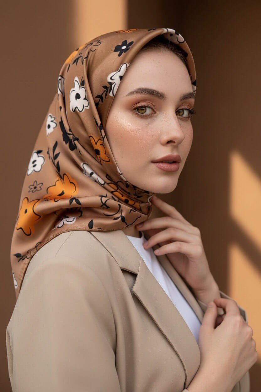 Rayon Papatya Desenli Bej Renkli 90x90 Eşarp (İpek İçermez) Kenar Dikiş Şekli El Dikişli