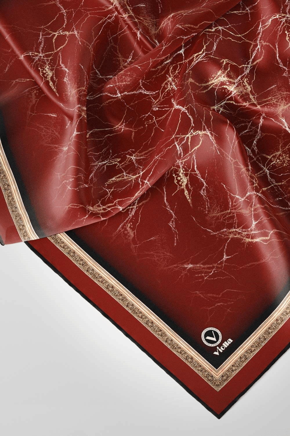 Twill Barok Çerçeveli Mermer Desenli Bordo Renkli 90x90 Eşarp (İpek İçermez) Kenar Dikiş Şekli El Dikişli