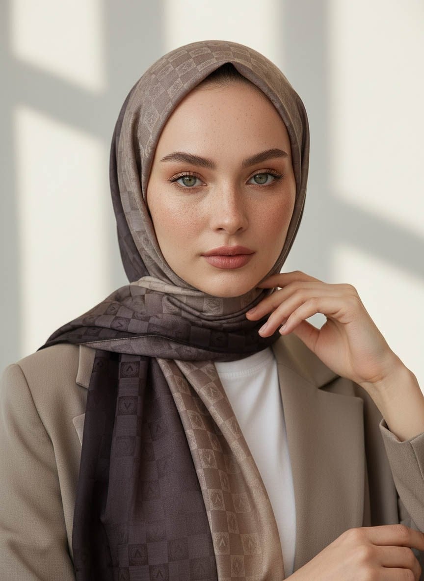 Vissona %57 İPEK %43 PAMUK Degrade Desenli Taş Renkli Şal -  70x190 Dikiş Tipi İtalyan Dikişli